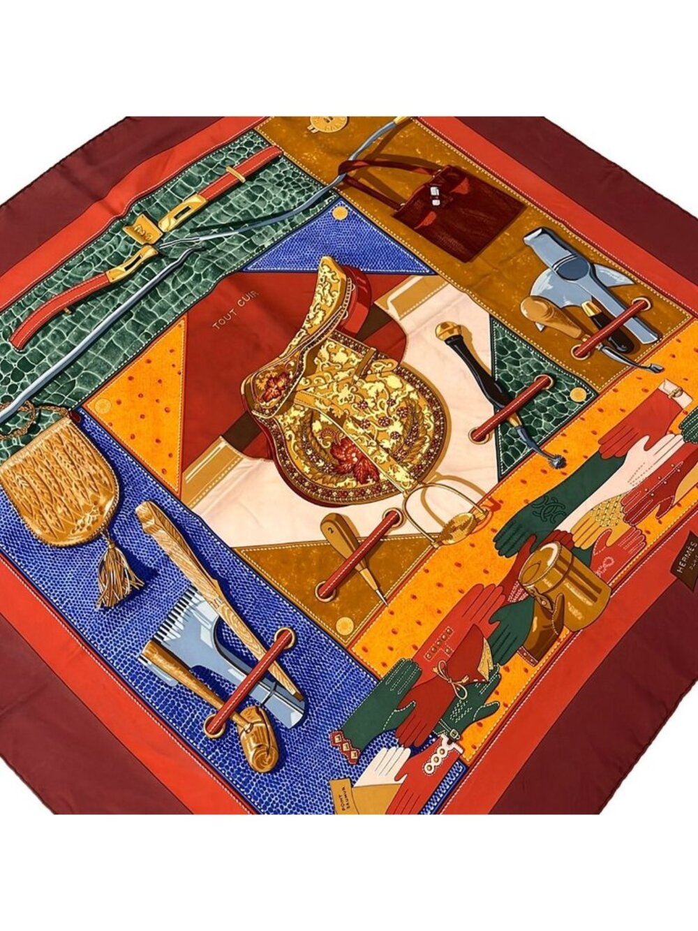 Hermes Scarf Carre 90 Bordeaux Multi Tout Cuir